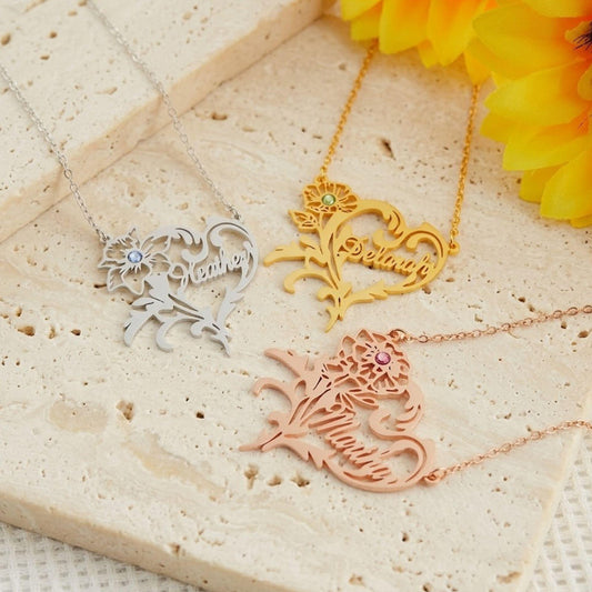Custom Birth Flower Heart Necklace with Birthstone & Name
