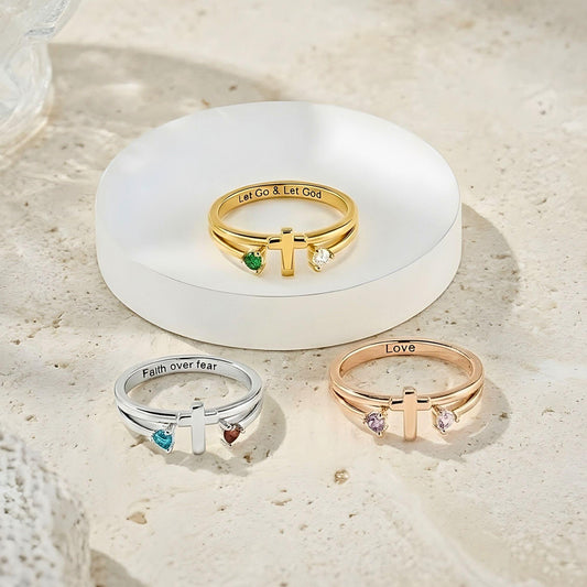 Custom Two Birthstones Engraved Cross Ring