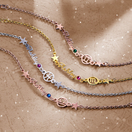 Personalized Zodiac Name Bracelet with Birthstone