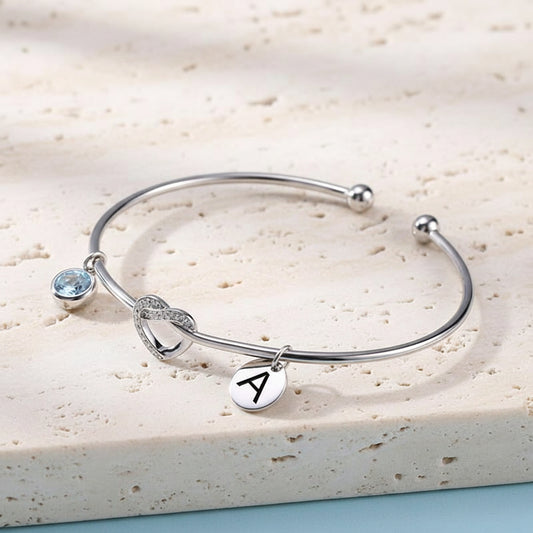 Engraved Initial Heart Bangle with Birthstone