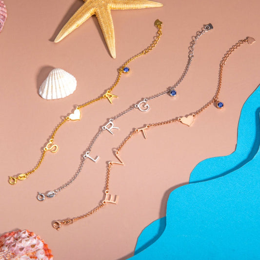 Personalized Initials Anklet with Birthstone 925 Silver