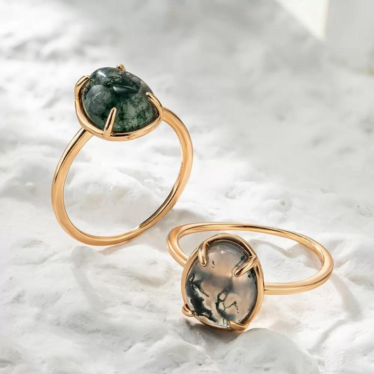 Natural Agate Moss Solitaire Ring