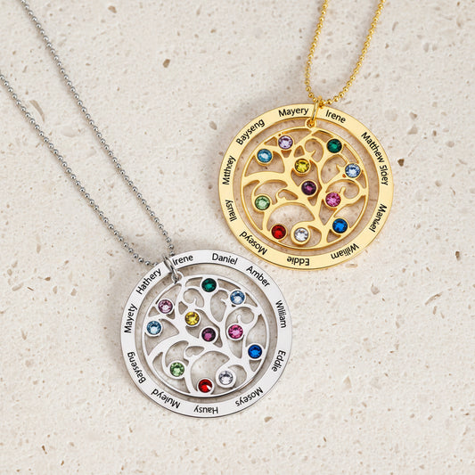 Combined Names and Birthstones Family Tree Necklace