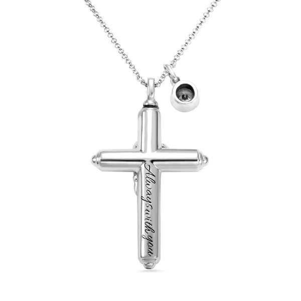 Engraved Cross Birthstone Urn Necklace