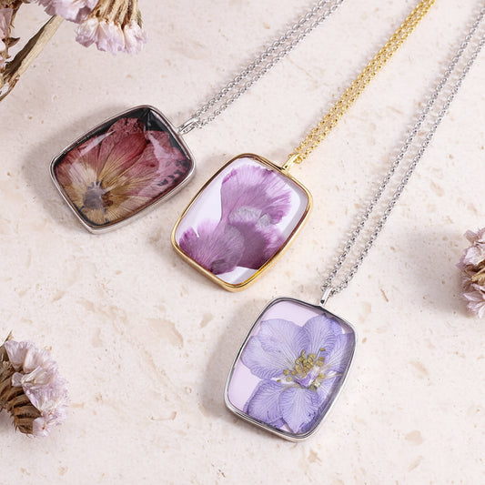 Dried Birth Flowers Resin Engraved Necklace