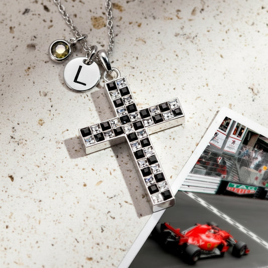 Checkered Cross Necklace with Birthstone & Initial