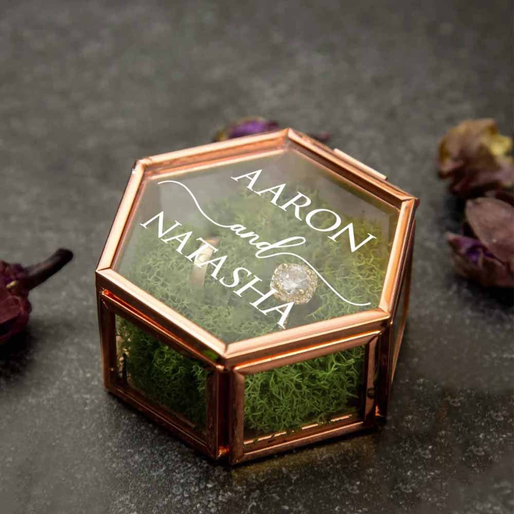 Custom Hexagon Glass Ring Box with Moss