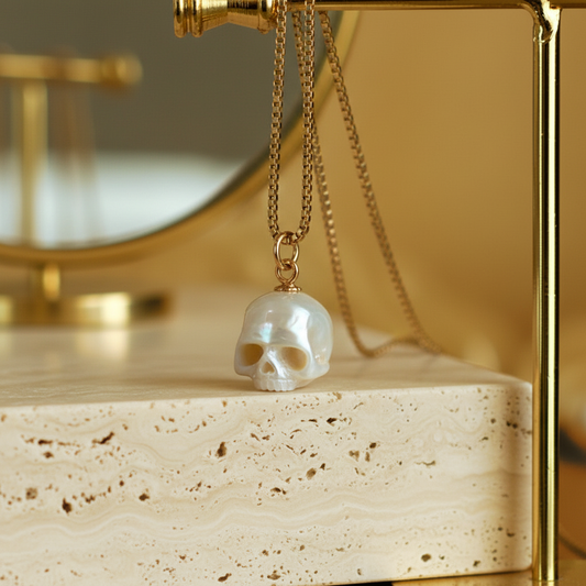 Hand Carved Pearl Skull Necklace