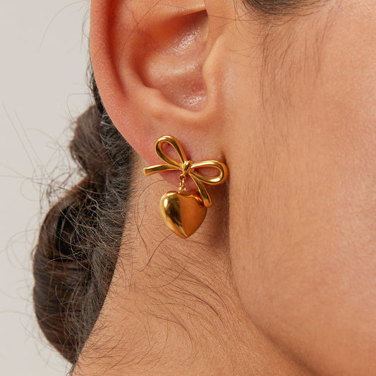 Dainty Bow Heart Dangle Earrings