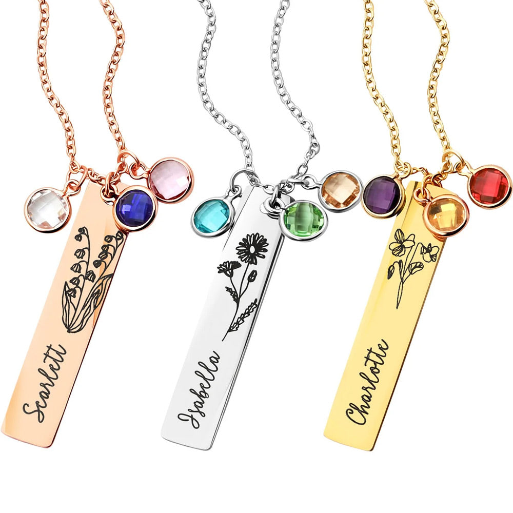 Engraved Birth Flower Bar Necklace with Birthstone