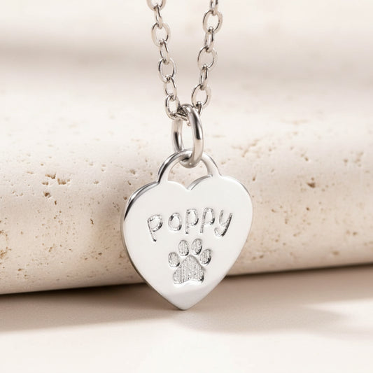 Custom Pet Paw & Name Heart Necklace