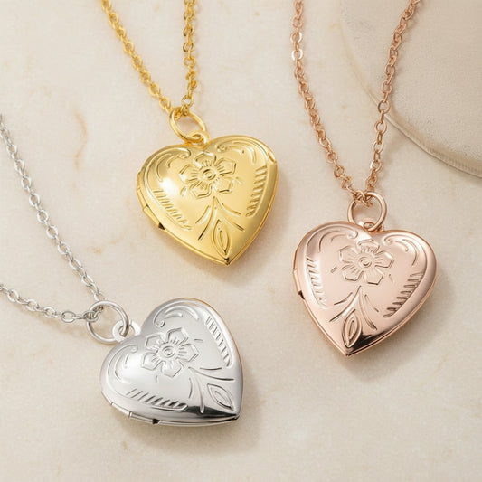 Personalized Heart Locket Necklace with Flower
