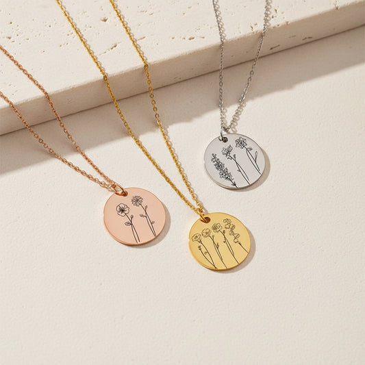 Combined Birth Flowers Engraved Necklace