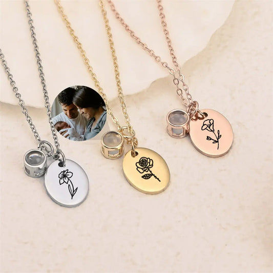Custom Engraved Birthflower Projection Necklace