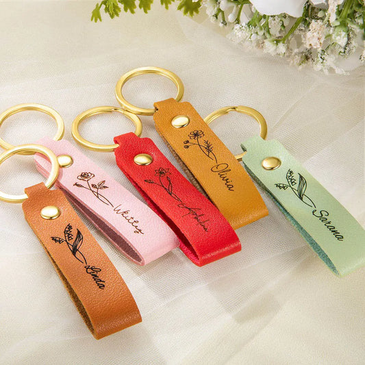 Personalized Name Leather Keychain with Birth Flower