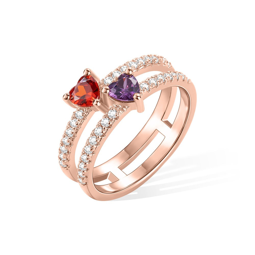 Personalized Double Heart Birthstone Ring