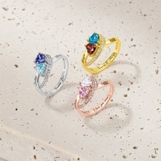 Double Birthstone & Names Engraved Ring
