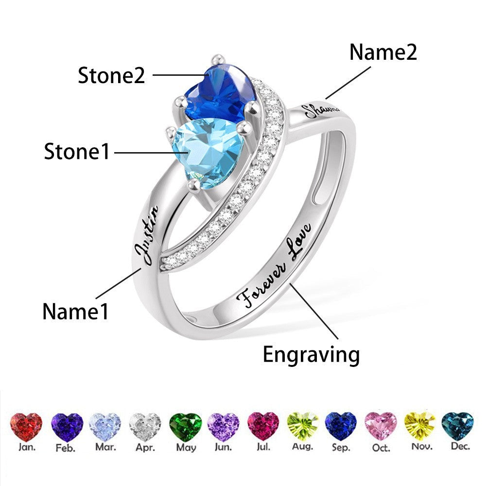Double Birthstone & Names Engraved Ring