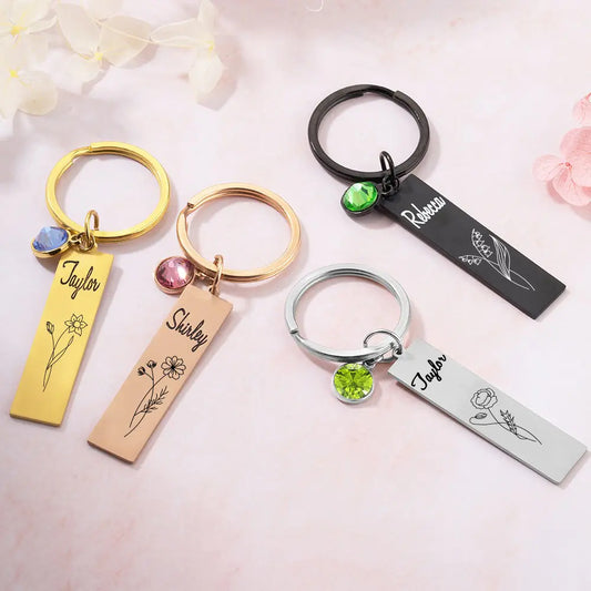 Personalized Name Birth Flower Keychain with Birthstone