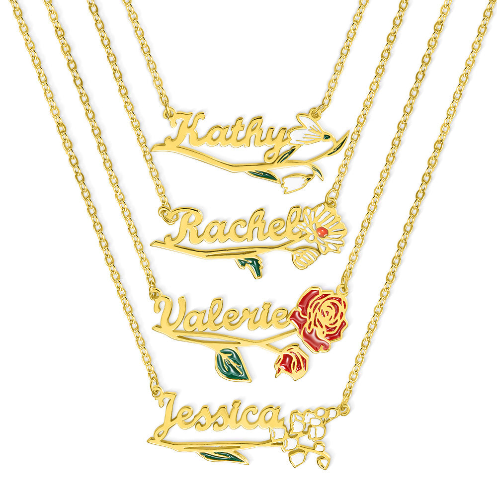 Personalized Name Birth Flower Necklace