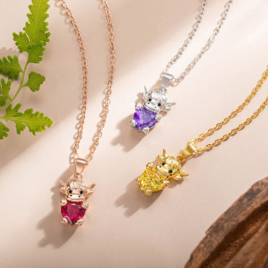 Custom Birthstone Highland Cow Necklace