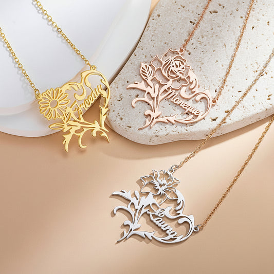 Custom Name Birth Flower Heart Necklace