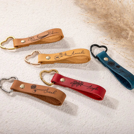 Custom Name Birth Flower Leather Keychain