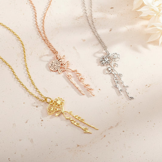 Personalized 2 Birth Flowers & Names Necklace