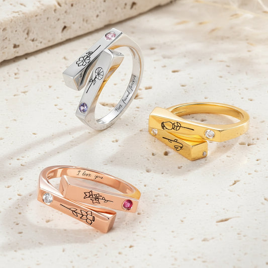 Personalized 2 Birth Flowers & Birthstones Ring
