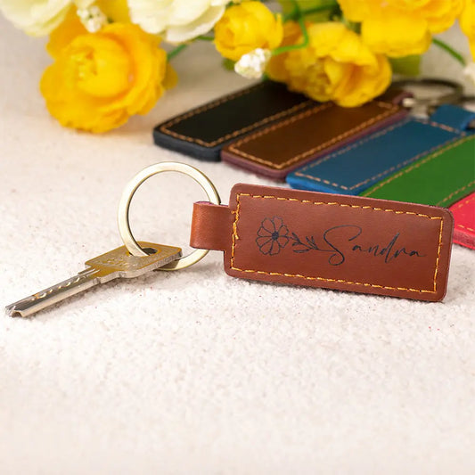 Personalized Leather Name Birth Flower Keychain