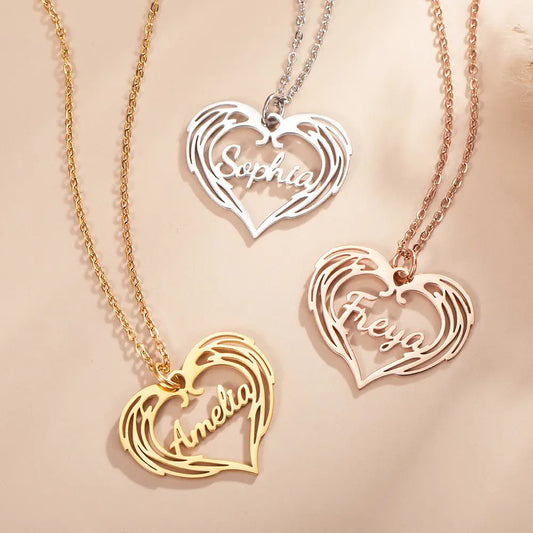 Guardian Angel Wings Heart Name Necklace