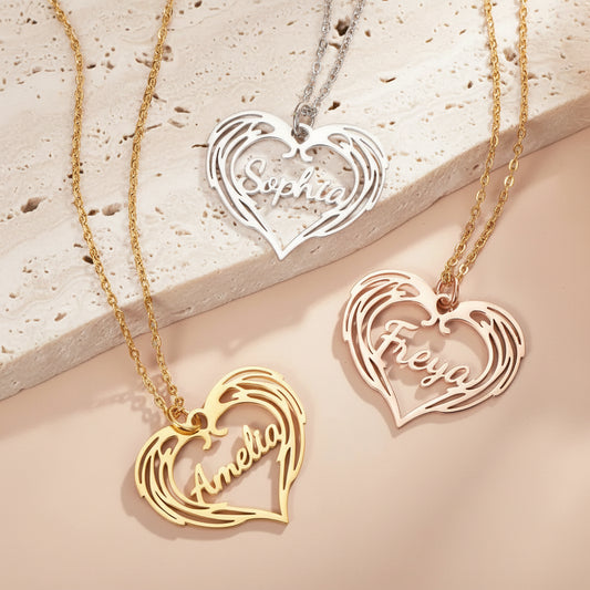 Guardian Angel Wings Heart Name Necklace