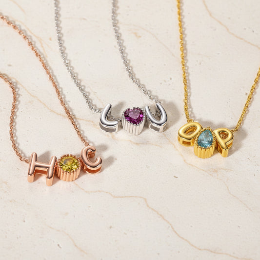 Custom Double Bubble Letter Necklace with Birthstone