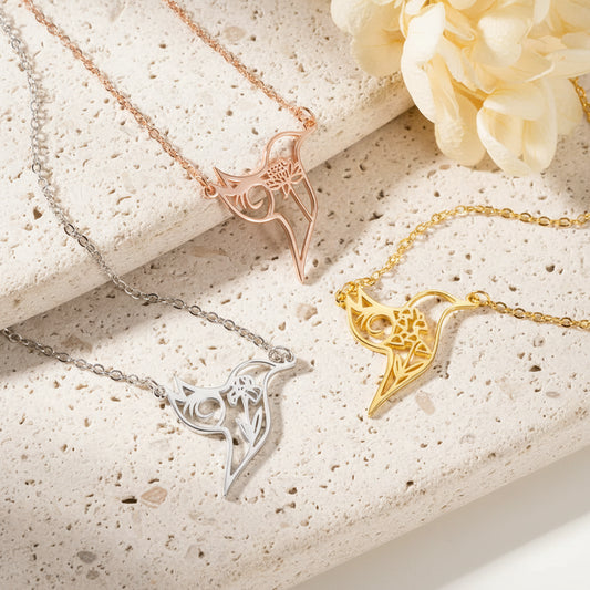 Custom Birth Flower Hummingbird Necklace
