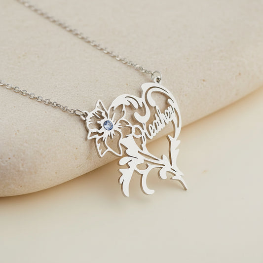 Custom Birth Flower Heart Necklace with Birthstone & Name