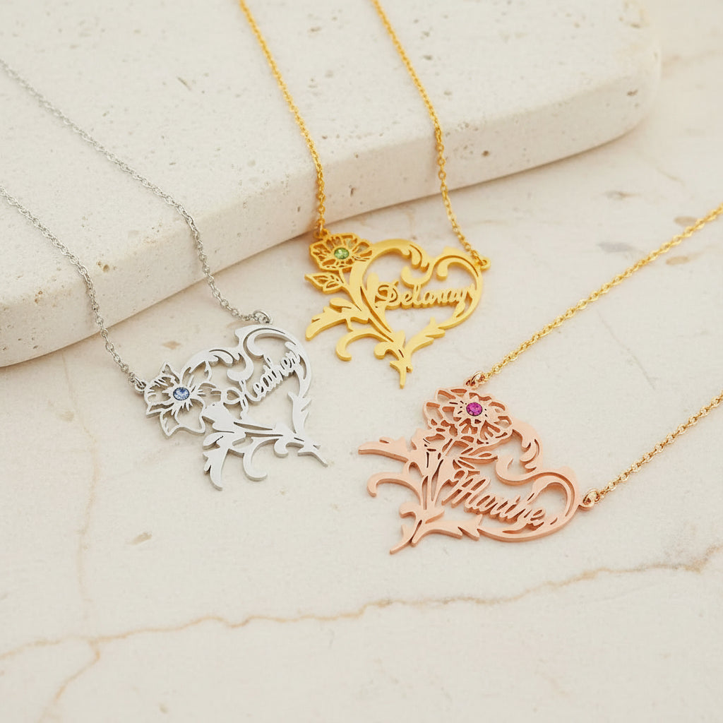 Custom Birth Flower Heart Necklace with Birthstone & Name