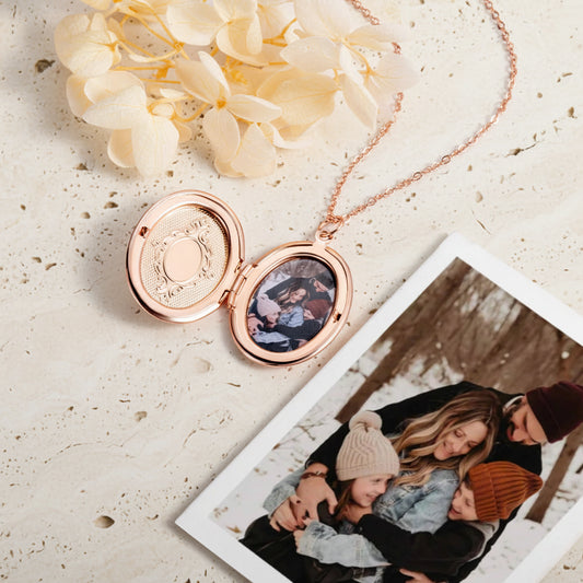 Custom Birth Flower Oval Locket Necklace with Photo