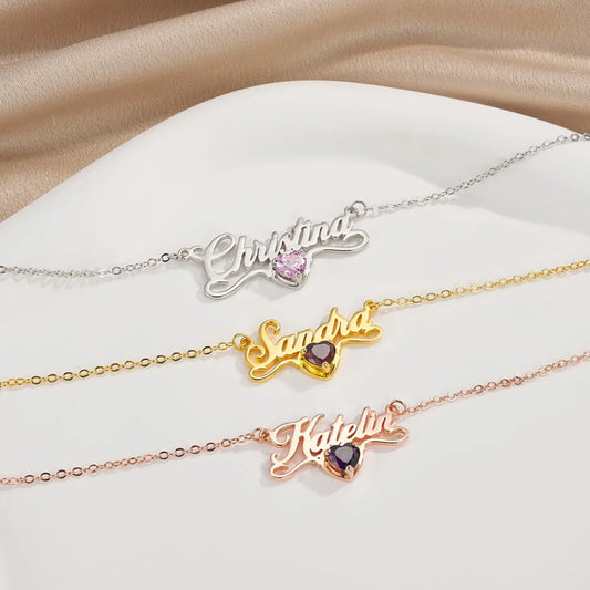 Personalized Dainty Name Necklace with Heart Birthstone