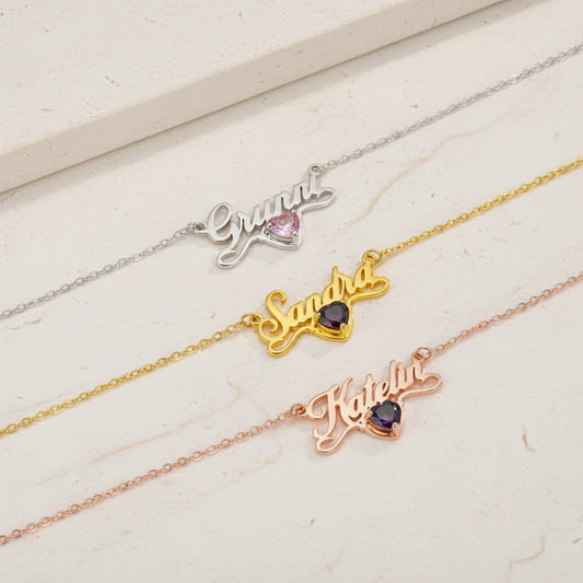 Personalized Dainty Name Necklace with Heart Birthstone