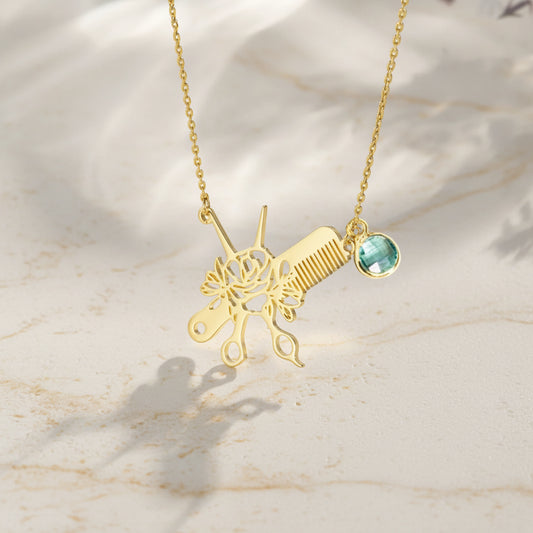 Custom Hairdresser Necklace with Birth Flower & Birthstone