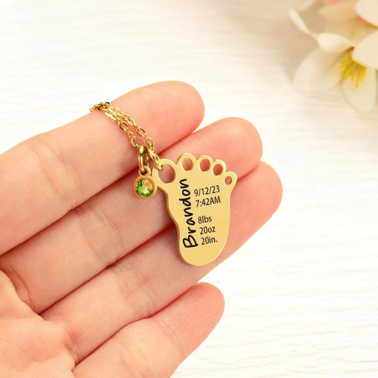 Custom Baby Birth Stats Necklace with Birthstone
