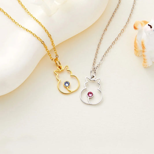 Custom Minimalist Cat Birthstone Necklace