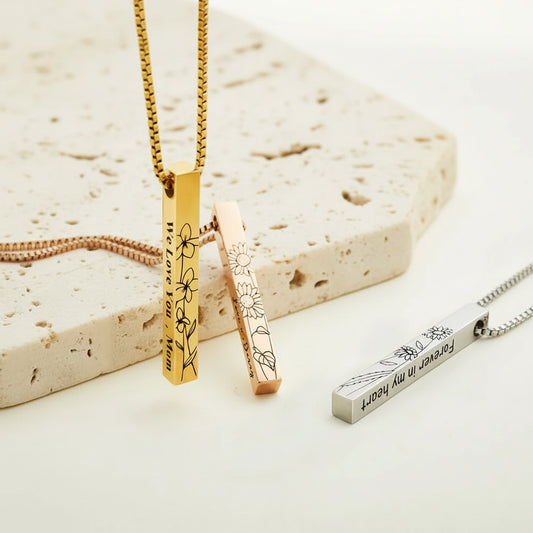 Engraved Birth Flower Bar Necklace