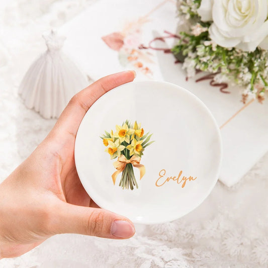 Personalized Birth Flower Ring Dish with Name