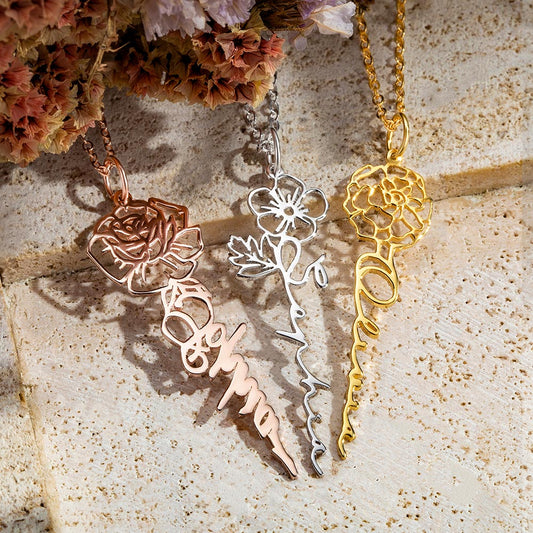 Custom Birth Flower Name Necklace 925 Sterling Silver