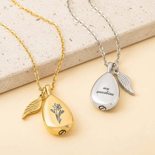 Engraved Teardrop Birth Flower Urn Necklace