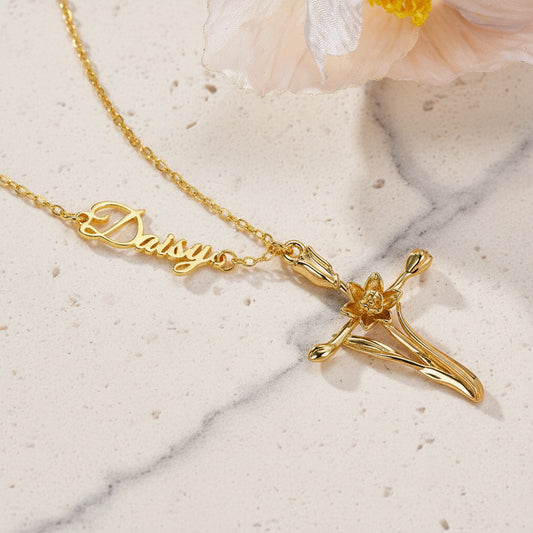 Personalized Cross Birth Flower Name Necklace