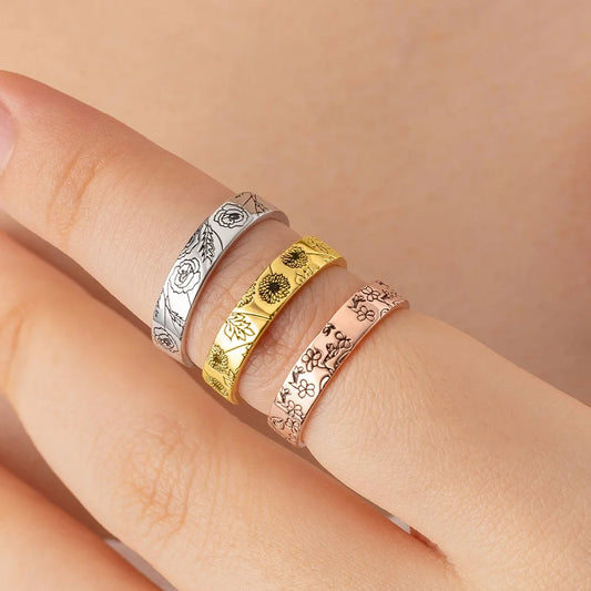 Engraved Combined Birth Flowers Ring