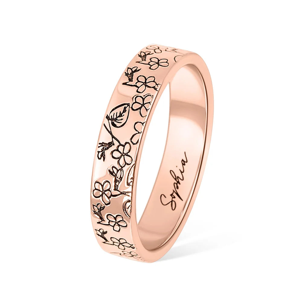 Engraved Combined Birth Flowers Ring