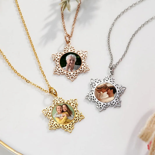 Custom Engraved Snowflake Photo Necklace